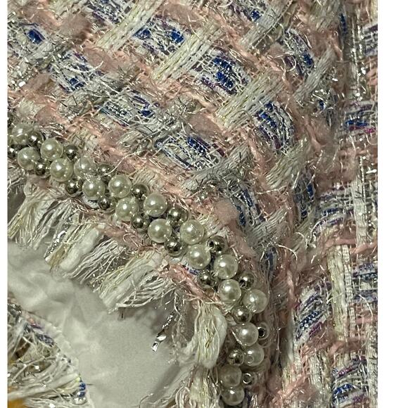 Mac Duggal Medium Pink Boucle Cap Sleeve Floral Button Detail Shift Dress NEW - Picture 12 of 13